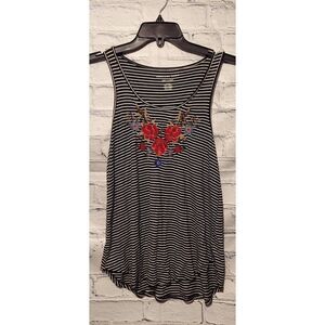 American Eagle Womens Small Tank Top Black White Stripe Floral Embroidered NWOT